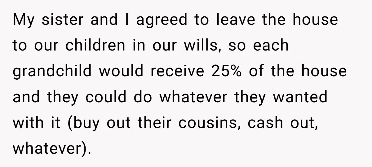 My sister and I agreed to leave the house to our children in our wills, so each grandchild would receive 25% of the house and they could do whatever they...