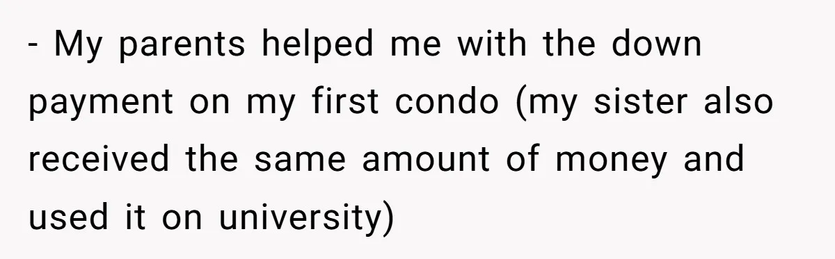 - My parents helped me with the down payment on my first condo (my sister also received the same amount of money and used it on university)