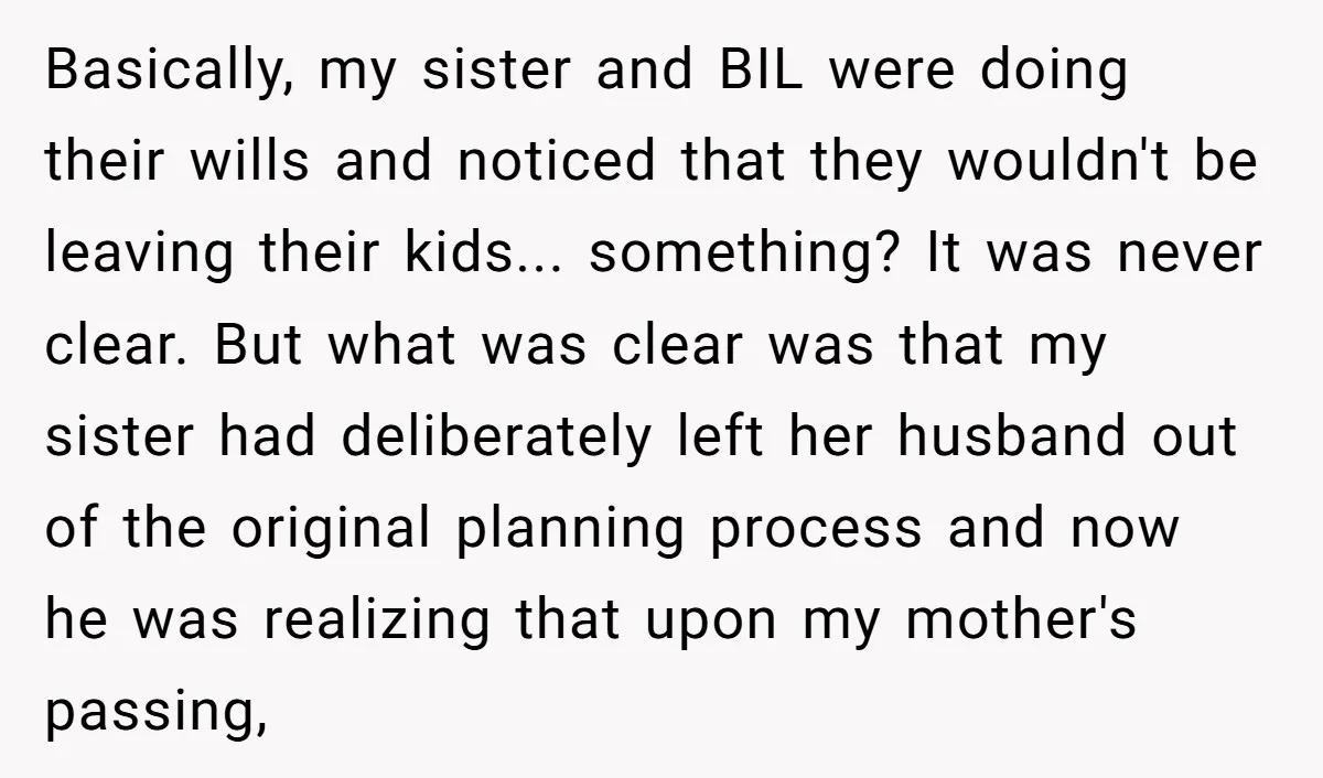 Basically, my sister and BIL were doing their wills and noticed that they wouldn't be leaving their kids... something? It was never clear. But what was clear was that my...