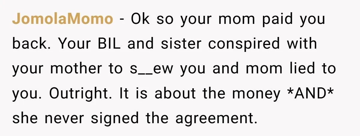 JomolaMomo − Ok so your mom paid you back. Your BIL and sister conspired with your mother to s__ew you and mom lied to you. Outright. It is about the...