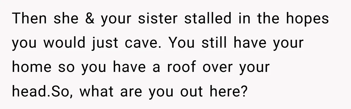 Then she & your sister stalled in the hopes you would just cave. You still have your home so you have a roof over your head.So, what are you out...