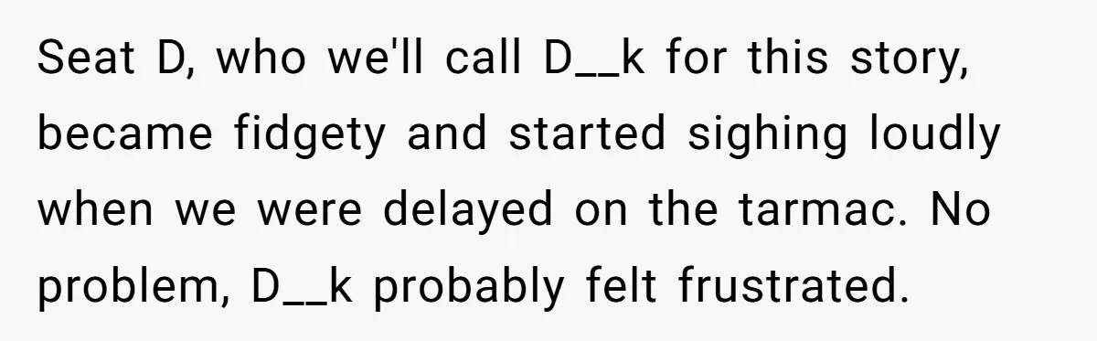 Seat D, who we'll call D__k for this story, became fidgety and started sighing loudly when we were delayed on the tarmac. No problem, D__k probably felt frustrated.