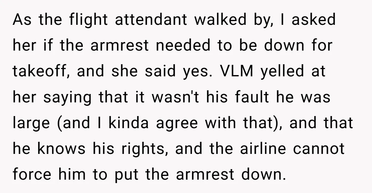 As the flight attendant walked by, I asked her if the armrest needed to be down for takeoff, and she said yes. VLM yelled at her saying that it wasn't...