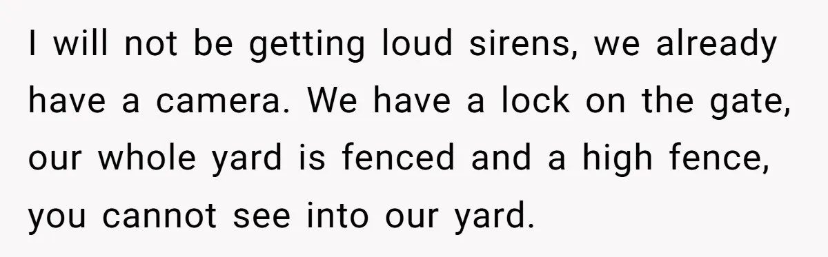 I will not be getting loud sirens, we already have a camera. We have a lock on the gate, our whole yard is fenced and a high fence, you cannot...