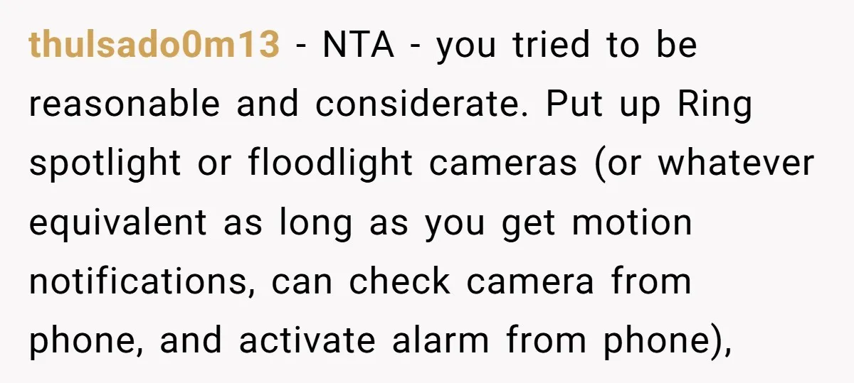 thulsado0m13 − NTA - you tried to be reasonable and considerate. Put up Ring spotlight or floodlight cameras (or whatever equivalent as long as you get motion notifications, can check...
