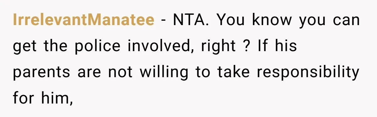 IrrelevantManatee − NTA. You know you can get the police involved, right ? If his parents are not willing to take responsibility for him,