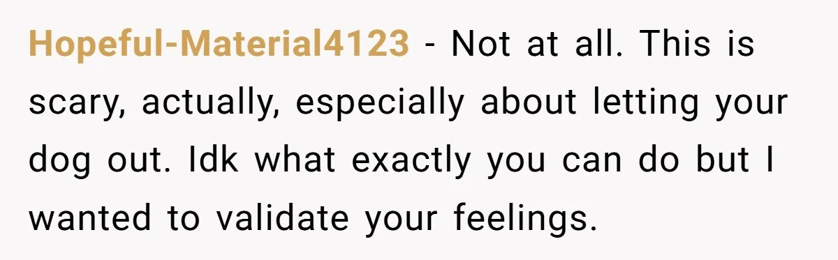 Hopeful-Material4123 − Not at all. This is scary, actually, especially about letting your dog out. Idk what exactly you can do but I wanted to validate your feelings.