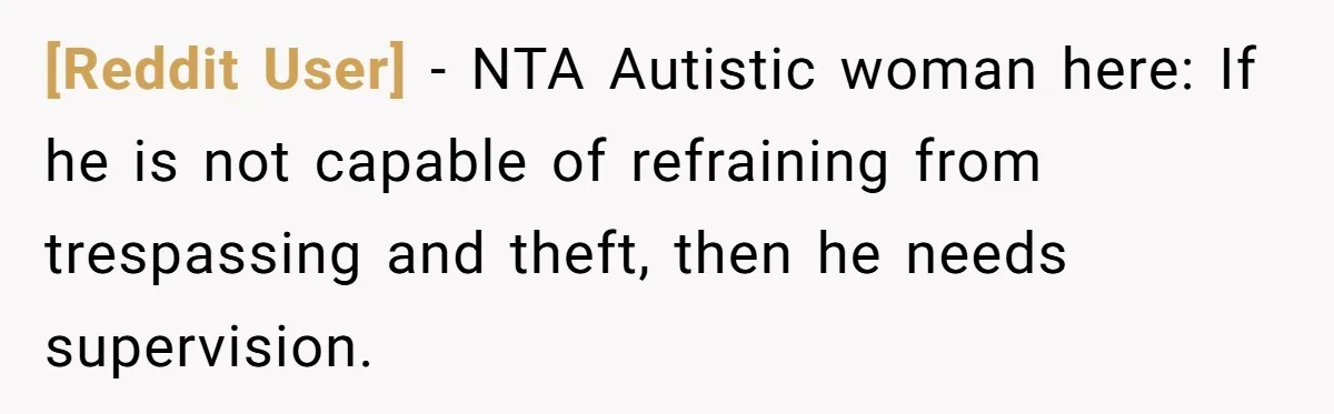 [Reddit User] − NTA Autistic woman here: If he is not capable of refraining from trespassing and theft, then he needs supervision.
