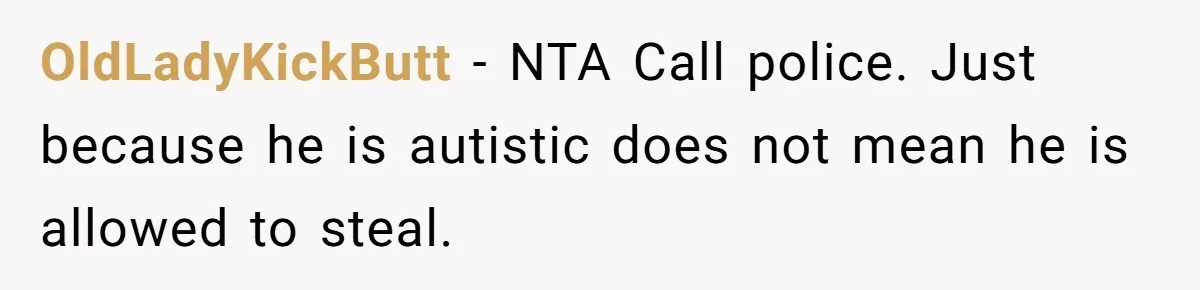 OldLadyKickButt − NTA Call police. Just because he is autistic does not mean he is allowed to steal.
