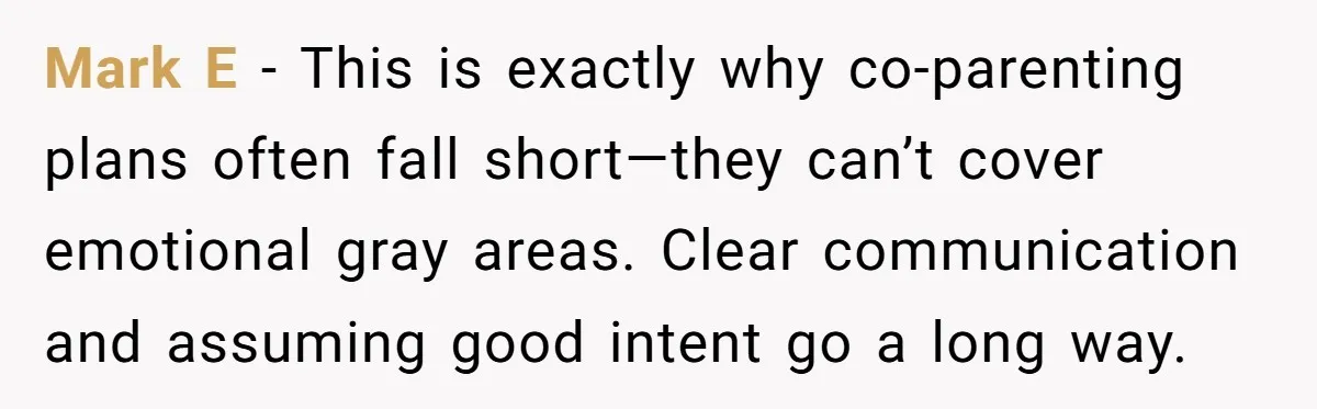 Mark E - This is exactly why co-parenting plans often fall short—they can’t cover emotional gray areas. Clear communication and assuming good intent go a long way.