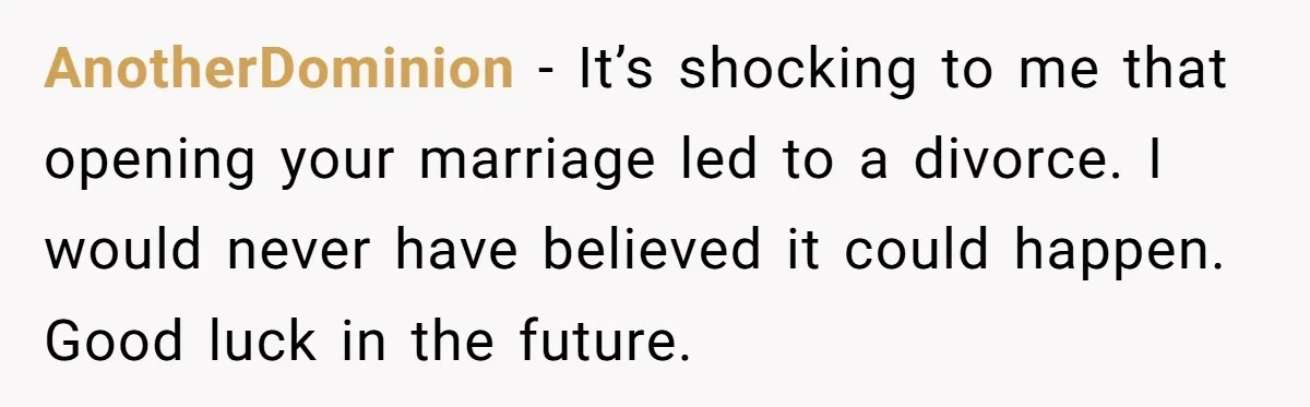 AnotherDominion − It’s shocking to me that opening your marriage led to a divorce. I would never have believed it could happen. Good luck in the future.
