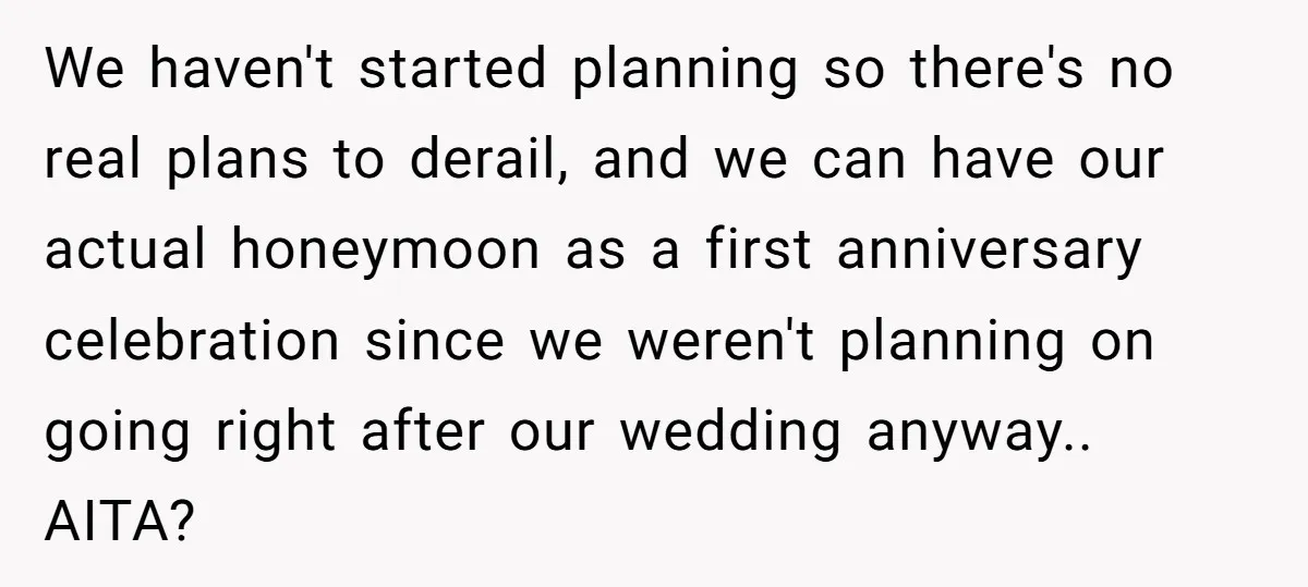 We haven't started planning so there's no real plans to derail, and we can have our actual honeymoon as a first anniversary celebration since we weren't planning on going right...