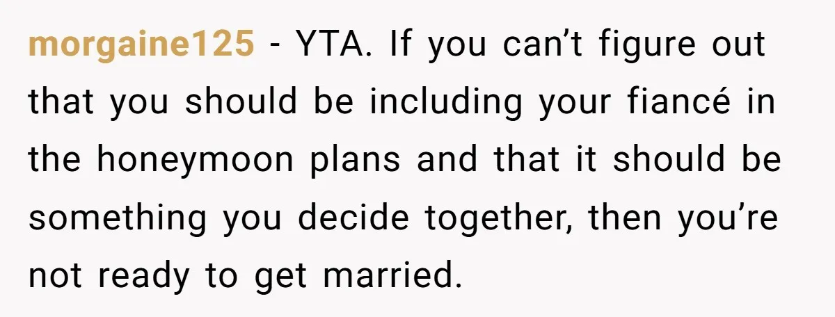 morgaine125 − YTA. If you can’t figure out that you should be including your fiancé in the honeymoon plans and that it should be something you decide together, then you’re...