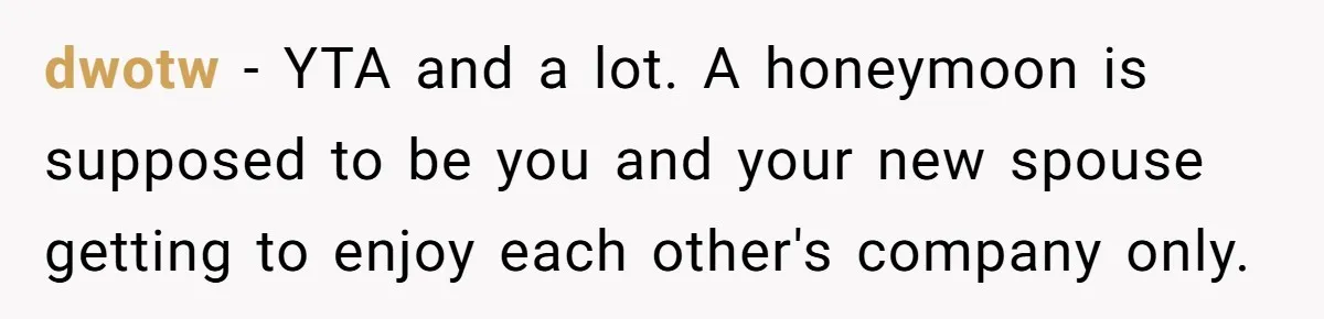 dwotw − YTA and a lot. A honeymoon is supposed to be you and your new spouse getting to enjoy each other's company only.