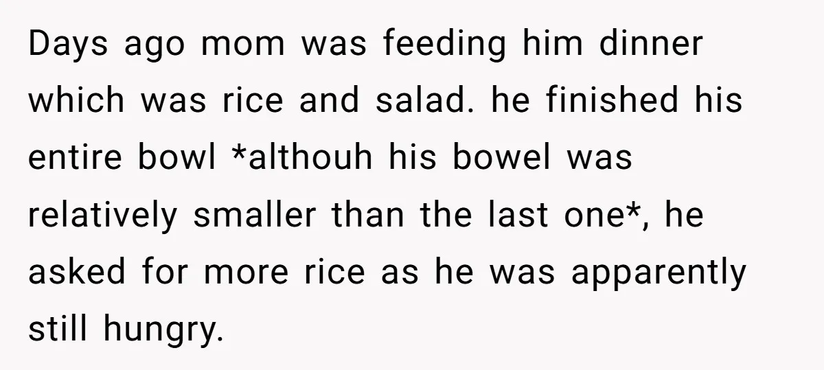 Days ago mom was feeding him dinner which was rice and salad. he finished his entire bowl *althouh his bowel was relatively smaller than the last one*, he asked for...