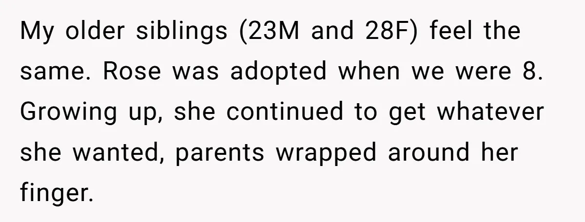 My older siblings (23M and 28F) feel the same. Rose was adopted when we were 8. Growing up, she continued to get whatever she wanted, parents wrapped around her finger.
