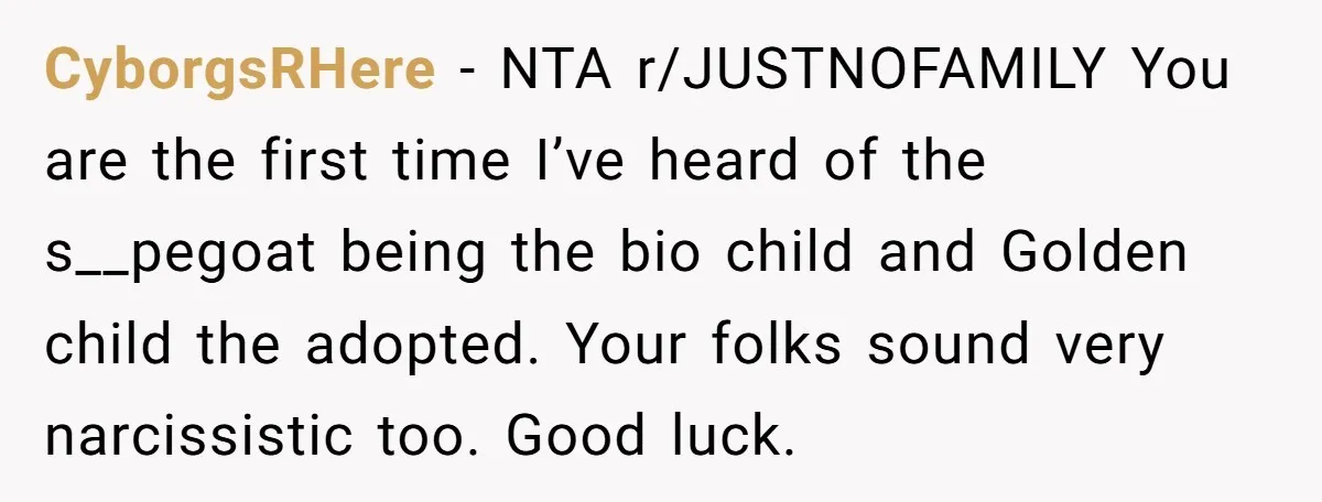 CyborgsRHere − NTA r/JUSTNOFAMILY You are the first time I’ve heard of the s__pegoat being the bio child and Golden child the adopted. Your folks sound very narcissistic too. Good...
