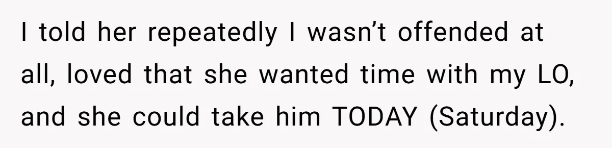 I told her repeatedly I wasn’t offended at all, loved that she wanted time with my LO, and she could take him TODAY (Saturday).