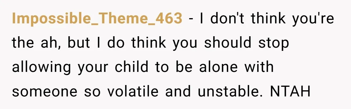 Impossible_Theme_463 − I don't think you're the ah, but I do think you should stop allowing your child to be alone with someone so volatile and unstable. NTAH