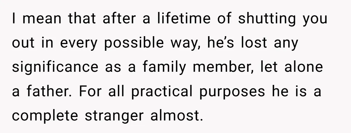 I mean that after a lifetime of shutting you out in every possible way, he’s lost any significance as a family member, let alone a father. For all practical purposes...