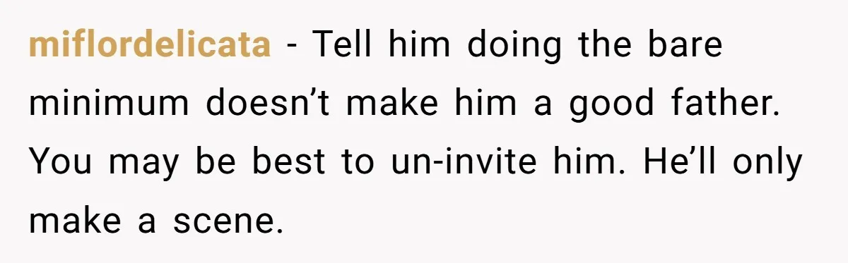 miflordelicata − Tell him doing the bare minimum doesn’t make him a good father. You may be best to un-invite him. He’ll only make a scene.