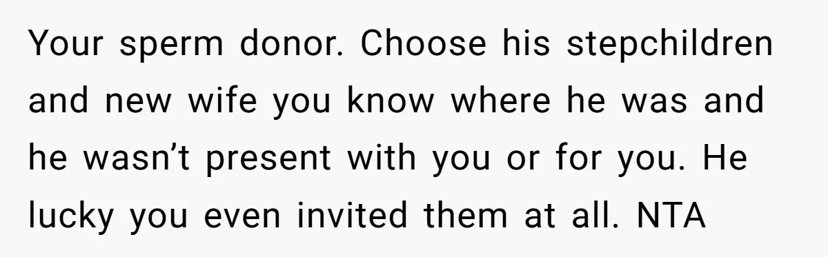 Your sperm donor. Choose his stepchildren and new wife you know where he was and he wasn’t present with you or for you. He lucky you even invited them at...