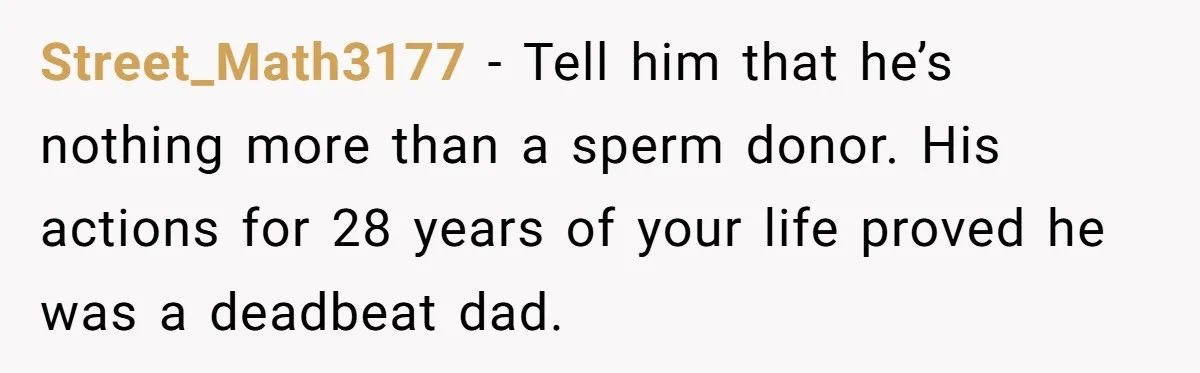 Street_Math3177 − Tell him that he’s nothing more than a sperm donor. His actions for 28 years of your life proved he was a deadbeat dad.