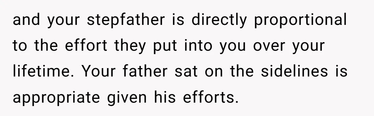 and your stepfather is directly proportional to the effort they put into you over your lifetime. Your father sat on the sidelines is appropriate given his efforts.