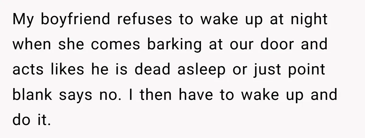 My boyfriend refuses to wake up at night when she comes barking at our door and acts likes he is dead asleep or just point blank says no. I then...