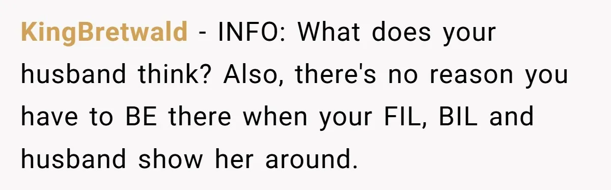 KingBretwald − INFO: What does your husband think? Also, there's no reason you have to BE there when your FIL, BIL and husband show her around.