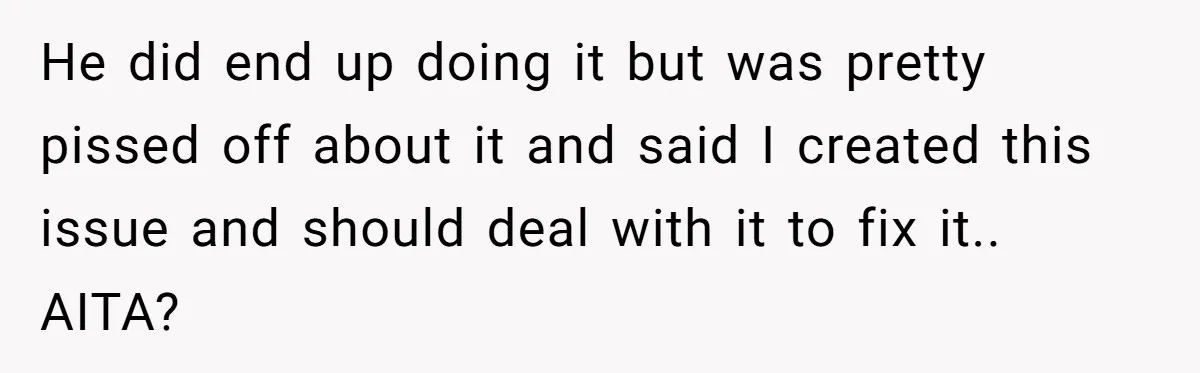 He did end up doing it but was pretty pissed off about it and said I created this issue and should deal with it to fix it.. AITA?