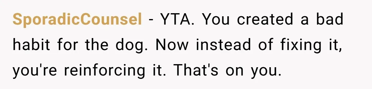 SporadicCounsel − YTA. You created a bad habit for the dog. Now instead of fixing it, you're reinforcing it. That's on you.