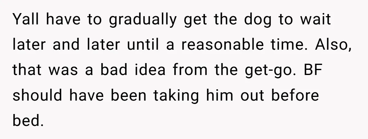 Yall have to gradually get the dog to wait later and later until a reasonable time. Also, that was a bad idea from the get-go. BF should have been taking...