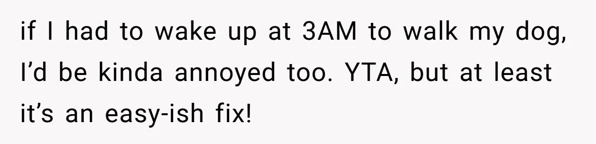 if I had to wake up at 3AM to walk my dog, I’d be kinda annoyed too. YTA, but at least it’s an easy-ish fix!