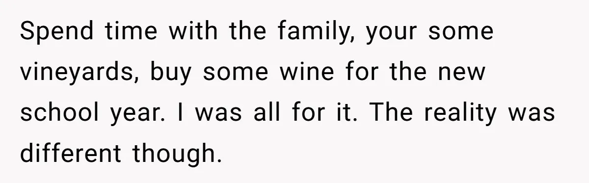 Spend time with the family, your some vineyards, buy some wine for the new school year. I was all for it. The reality was different though.