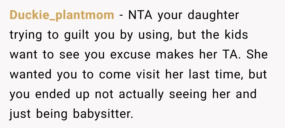 Duckie_plantmom − NTA your daughter trying to guilt you by using, but the kids want to see you excuse makes her TA. She wanted you to come visit her last...