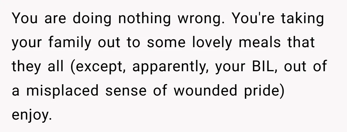 You are doing nothing wrong. You're taking your family out to some lovely meals that they all (except, apparently, your BIL, out of a misplaced sense of wounded pride) enjoy.
