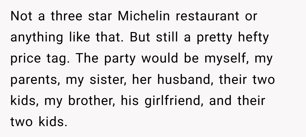 Not a three star Michelin restaurant or anything like that. But still a pretty hefty price tag. The party would be myself, my parents, my sister, her husband, their two...