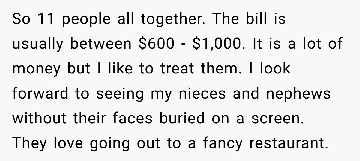 So 11 people all together. The bill is usually between $600 - $1,000. It is a lot of money but I like to treat them. I look forward to seeing...