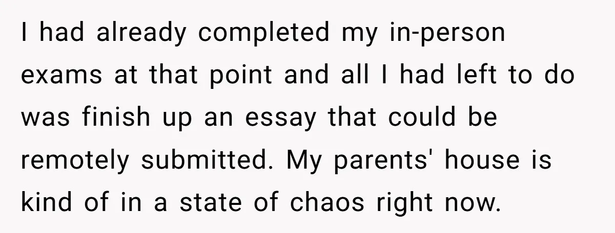 I had already completed my in-person exams at that point and all I had left to do was finish up an essay that could be remotely submitted. My parents' house...