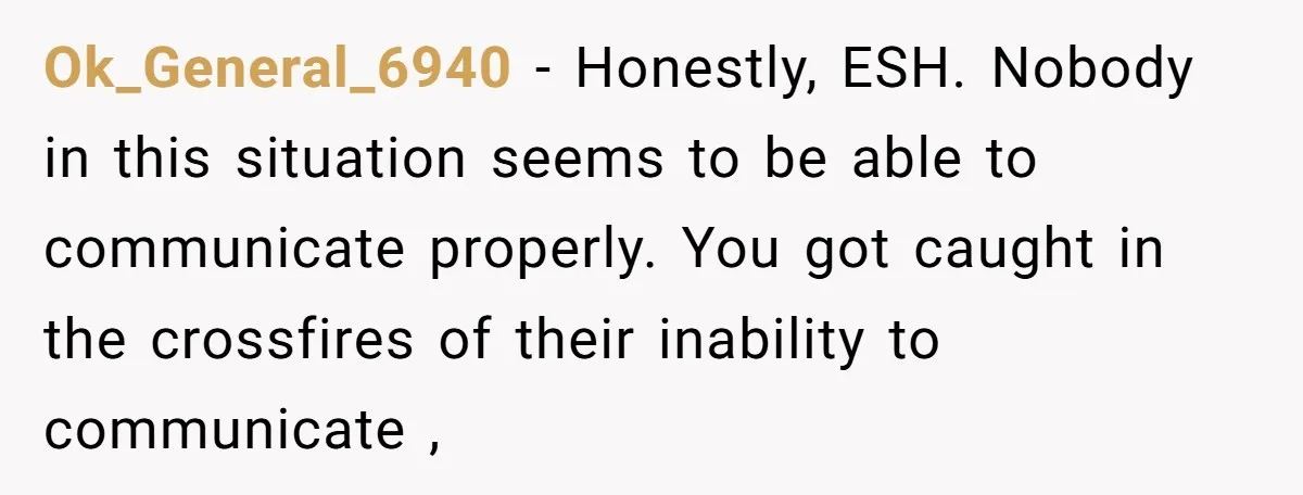 Ok_General_6940 − Honestly, ESH. Nobody in this situation seems to be able to communicate properly. You got caught in the crossfires of their inability to communicate ,