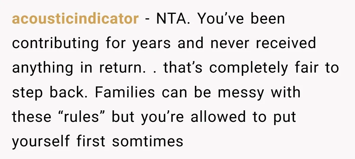 acousticindicator − NTA. You’ve been contributing for years and never received anything in return. . that’s completely fair to step back. Families can be messy with these “rules” but you’re...