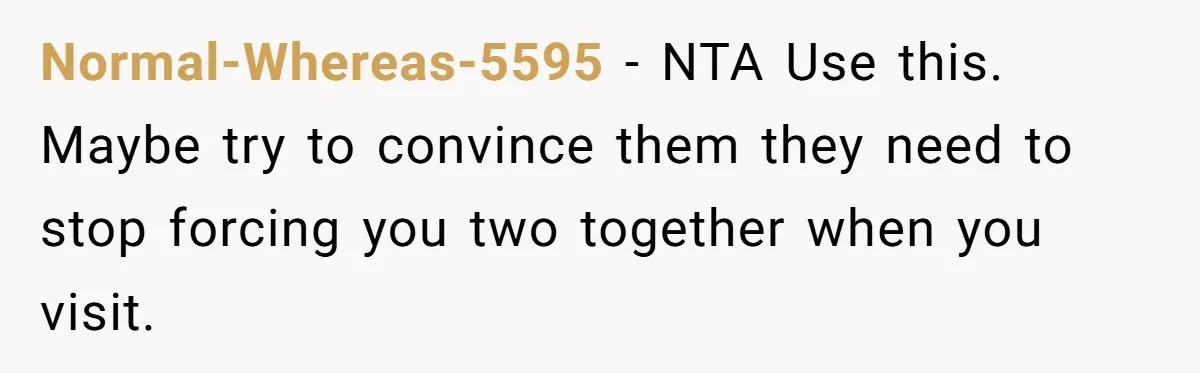 Normal-Whereas-5595 − NTA Use this. Maybe try to convince them they need to stop forcing you two together when you visit.