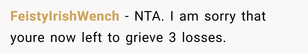 FeistyIrishWench − NTA. I am sorry that youre now left to grieve 3 losses.