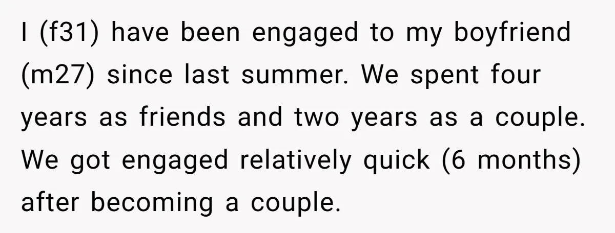 I (f31) have been engaged to my boyfriend (m27) since last summer. We spent four years as friends and two years as a couple. We got engaged relatively quick (6...
