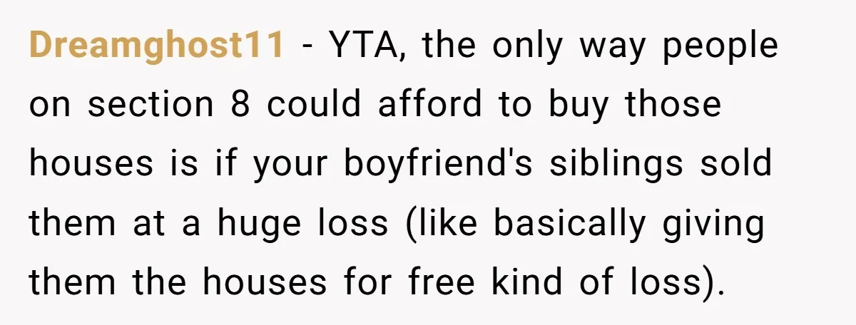 Dreamghost11 − YTA, the only way people on section 8 could afford to buy those houses is if your boyfriend's siblings sold them at a huge loss (like basically giving...