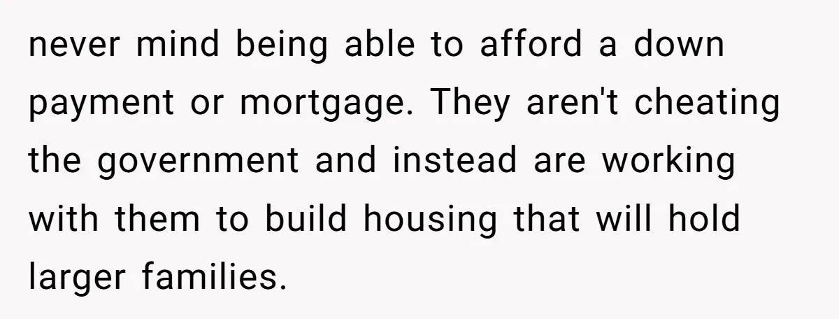 never mind being able to afford a down payment or mortgage. They aren't cheating the government and instead are working with them to build housing that will hold larger families.