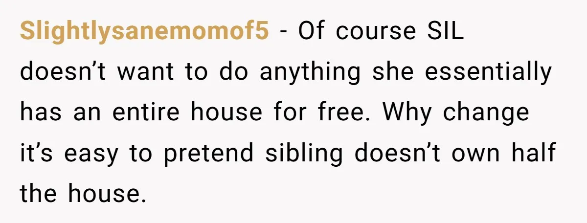 Slightlysanemomof5 − Of course SIL doesn’t want to do anything she essentially has an entire house for free. Why change it’s easy to pretend sibling doesn’t own half the house.