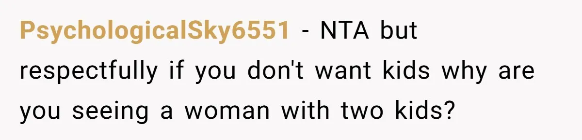 PsychologicalSky6551 − NTA but respectfully if you don't want kids why are you seeing a woman with two kids?