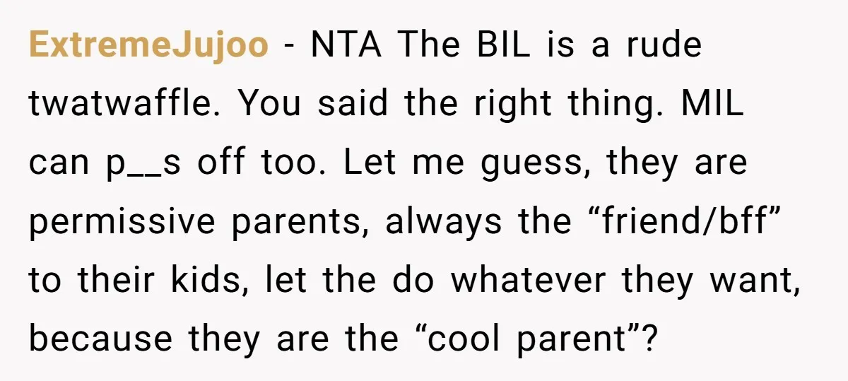 ExtremeJujoo − NTA The BIL is a rude twatwaffle. You said the right thing. MIL can p__s off too. Let me guess, they are permissive parents, always the “friend/bff” to...